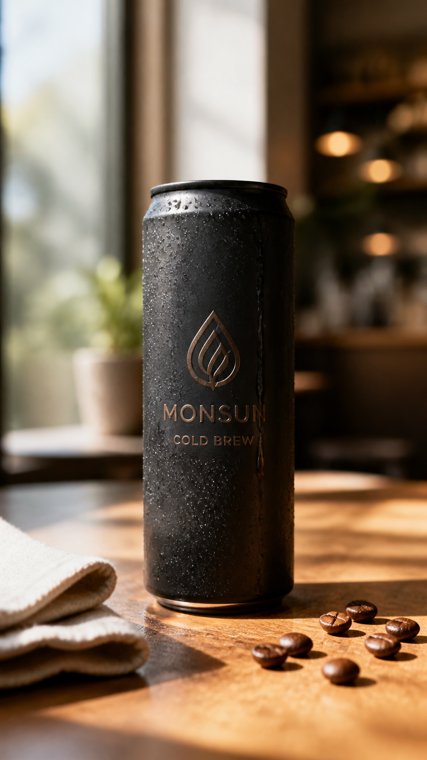 Generated hero still: a matte black Monsun cold brew can with condensation on a sunlit cafe table